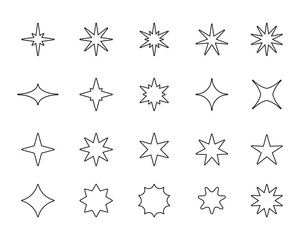 Stars line icons. Outline flying shining sparkles, different types of fantasy sky and galaxy asterism. Vector linear star symbol collection. Shining or twinkling lights, flat glares