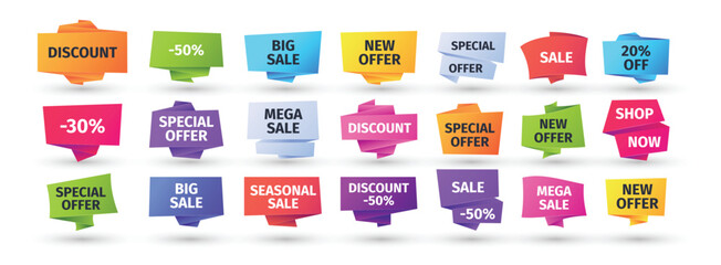 Paper sale banners. Price label sticker prints, abstract discount label sticker set and best offer message concept. Vector geometric collection. Horizontal colorful ribbons for shop or store