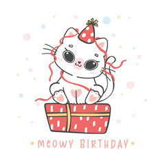 Cute Happy Birthday cat cartoon, meowy birthday, cheerful animal doodle character drawing for greeting card.