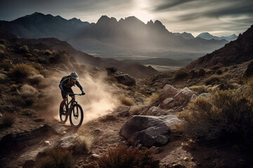 Fototapeta premium A thrilling, high-speed mountain biking scene, featuring a daring rider navigating a rugged, rocky trail, with a breathtaking mountain vista as the backdrop. Generative AI.