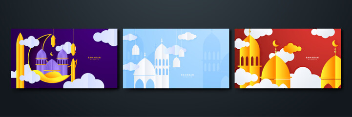Ramadan Kareem Banner with Gold Moon, Clouds and 3d Paper cut Sheikh Zayed Grand Mosque icon. Vector illustration. Place for Text. Eid Mubarak greeting card