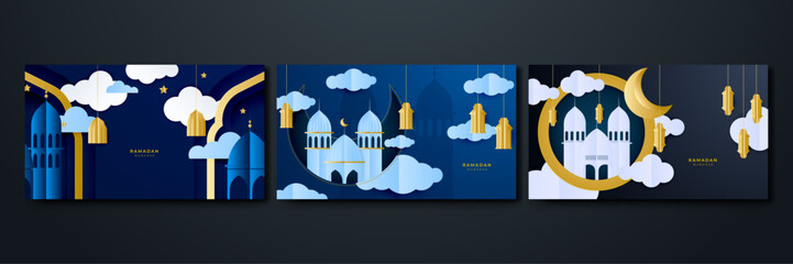 Naklejka premium Ramadan Kareem greeting card. Paper cut crescent moon in mosque window with stars. Arabian night Voucher Template, place for text. Vector illustration.
