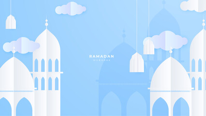 Paper cut vector illustration Ramadan Kareem with mosque and moon, place for text greeting card and banner