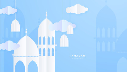 Ramadan Kareem Banner with Moon, Clouds and 3d Paper cut Sheikh Zayed Grand Mosque icon. Vector illustration. Place for Text. Eid Mubarak greeting card