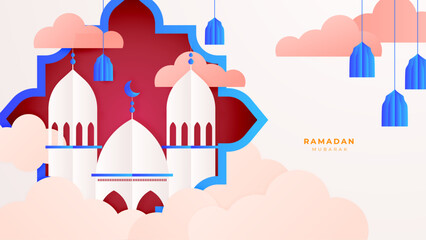 Fototapeta na wymiar Ramadan Kareem greeting card. Paper cut crescent moon in mosque window with stars. Arabian night Voucher Template, place for text. Vector illustration.