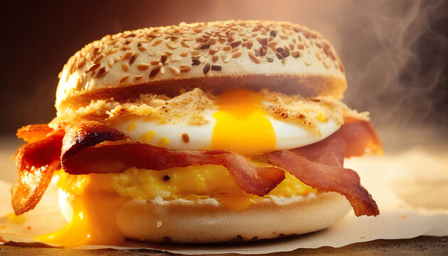 Bagel burger with fried bacon, scrumbled eggs and cheddar cheese. Burger fried bacon cheese egg salad. AI Generated.