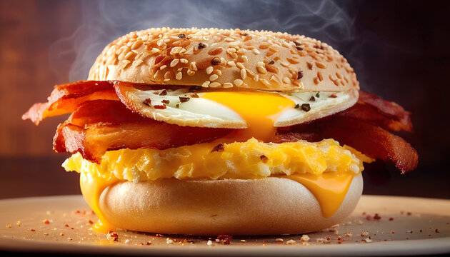 Bagel burger with fried bacon, scrumbled eggs and cheddar cheese. Burger fried bacon cheese egg salad. AI Generated.