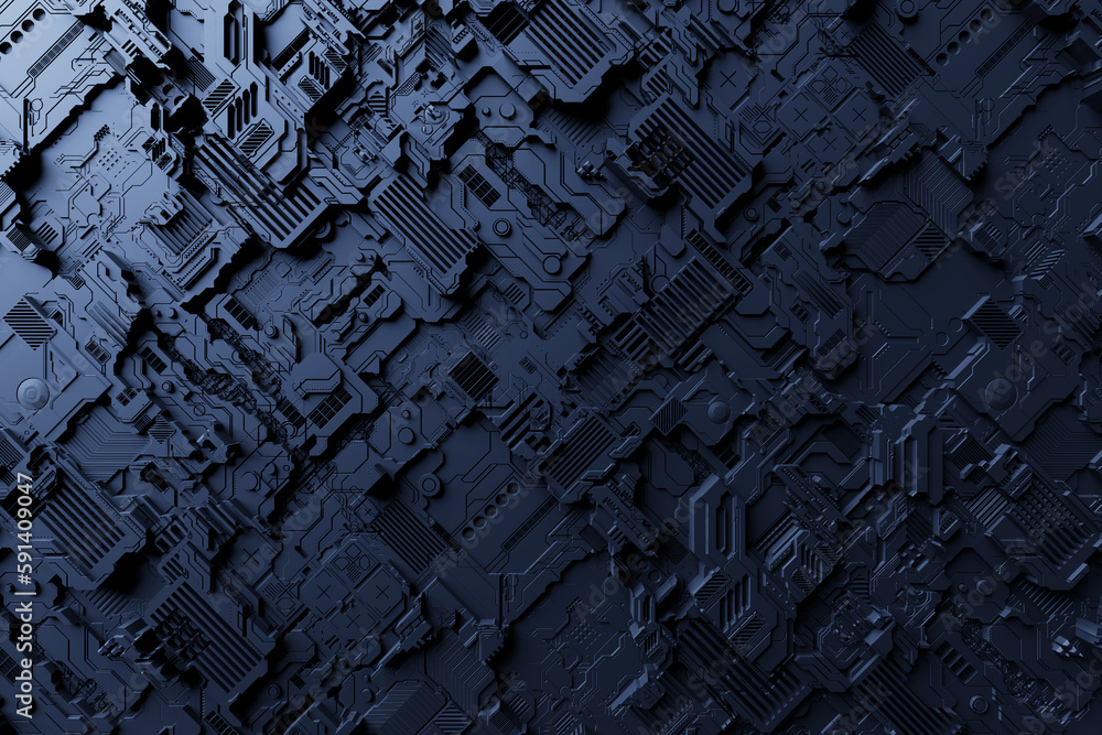 Poster 3d illustration of a pattern in the form of a metal, technological plating of a spaceship or a robot. Abstract Graphics in the style of computer games. Close up of the blue cyber armor