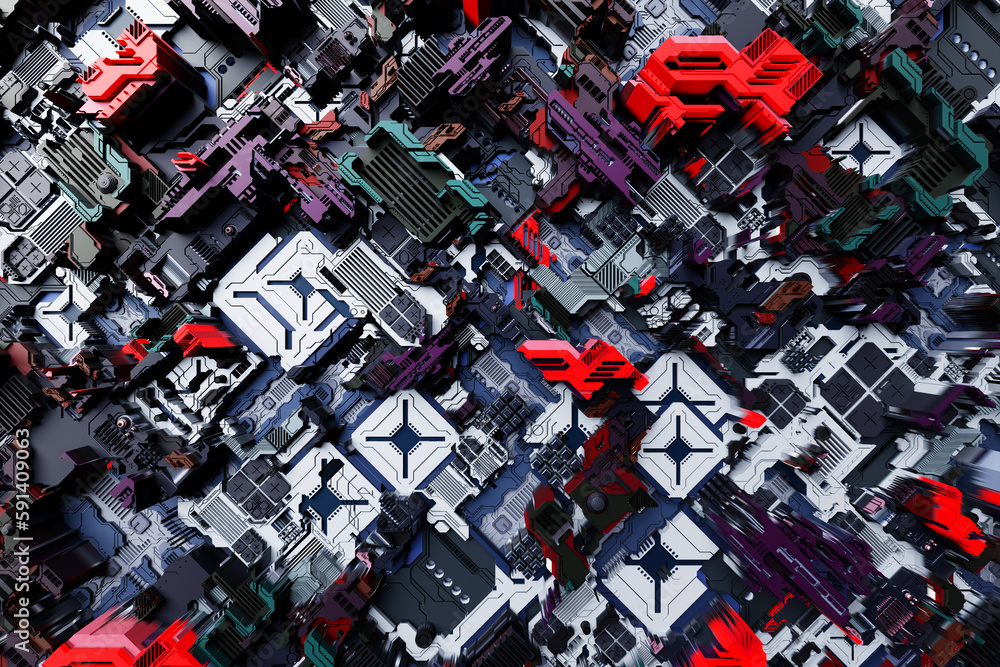 Poster 3d illustration of the close up of the colorful cyber armor . abstract graphics in the style of comp