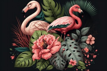 two flamingos in a tropical paradise surrounded by lush foliage and flowers. Generative AI