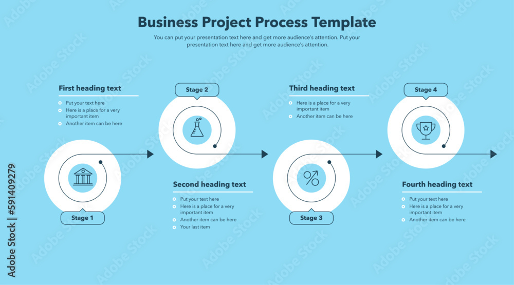 Poster business project progress template with four stages - blue version. modern presentation diagram with