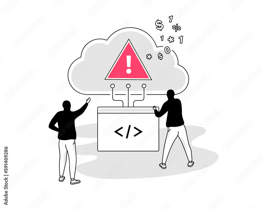 Aufkleber Illustration of cloud third-party threats symbol with two hackers using an insecure API to access a targeted server.