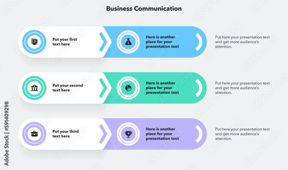 Poster Modern business communication template with three colorful stages. Flat presentation template with icons and place for your content.
