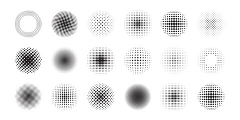 Round halftone shapes. Abstract circle geometric tone pattern of dots, modern polka dot texture for print design. Vector isolated set. Round elements with black monochrome blot effect