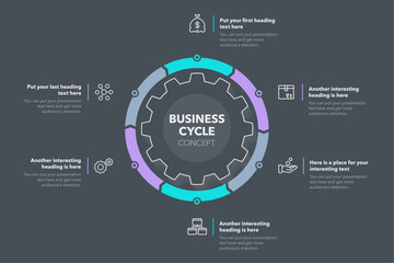 Business cycle template with six colorful stages - dark version. Easy to use for your website or presentation.