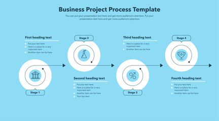 Business project progress template with four stages - blue version. Modern presentation diagram with minimalistic icons.