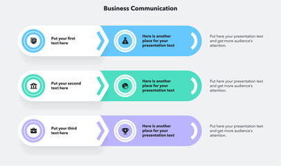 Modern business communication template with three colorful stages. Flat presentation template with icons and place for your content.