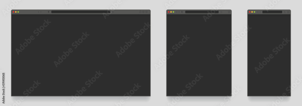 Poster browser mockup dark theme. empty tab webpage with search engine, computer, laptop, tablet and mobile