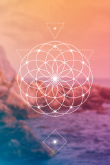 Flower of life. Tree of life. Sacred geometry spiritual new age futuristic illustration with transmutation interlocking circles, triangles and glowing particles