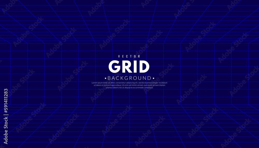 Poster abstract perspective grid on blue background. 3d wireframe room concept. graphic vector flat design 