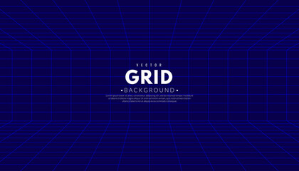 Abstract perspective grid on blue background. 3d wireframe room concept. Graphic vector flat design style.