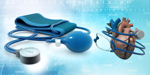 Blood pressure machine with heart and stethoscope. 3d illustration..