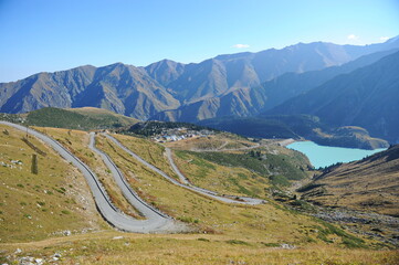 Almaty, Kazakhstan - 09.10.2016 : A winding road in a mountainous hilly area.