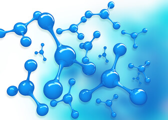 Blue color molecules on blurred background. 3d illustration..