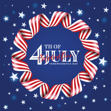 Celebration 4th of july USA independence day - Text in red and white ribbon roll waving circle frame on blue background with 50 star light around background vector design