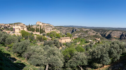 Fototapeta na wymiar Panoramic view of the town of Alquezar where the hanging footbridges over the Vero river are located.