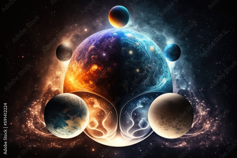 Poster planetary system surrounded by a starry sky. generative ai