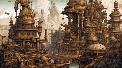 Une citée steampunk avec un paysage montagneux, un peu triste et morose , baigné de vapeur.
Created using generative IA