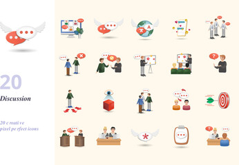 Discussion set. Creative icons: online meeting, talk, translate, chat, group discussion, disagree, agree, presentation, conference, question, opportunity, opinion, mediator, opinion exchange, meeting
