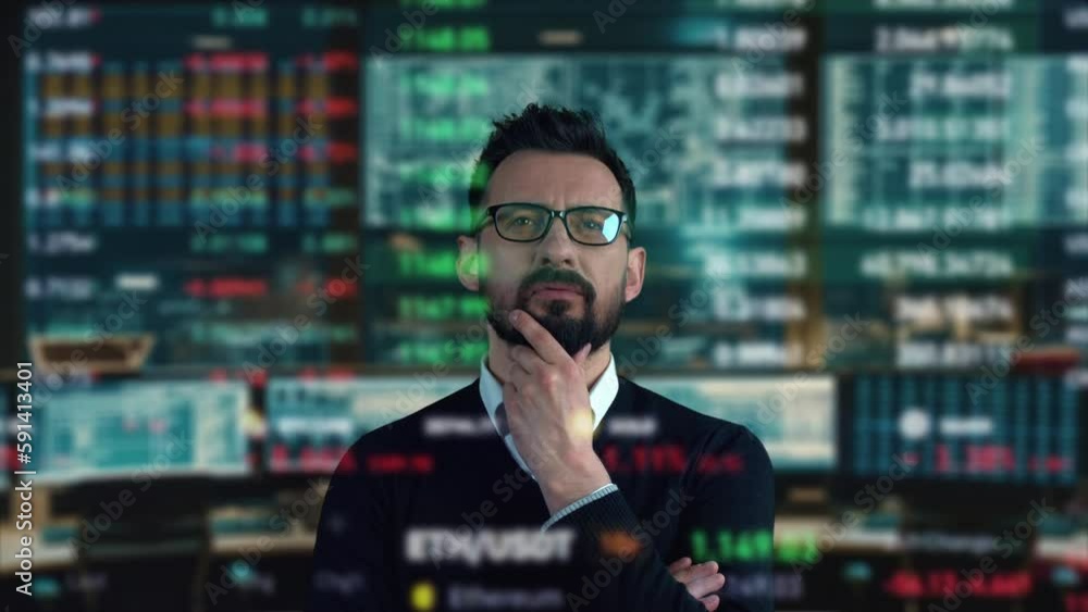 Poster trader is working with computer. screen with stock charts and data analysis. broker trading online. 