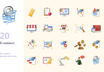 E-commerce set. Creative icons: coupon, wishlist, online shop, secure payment, buy online, online marketplace, delivery, market app, tracking code, cargo, online promotion, 3d security, online payment