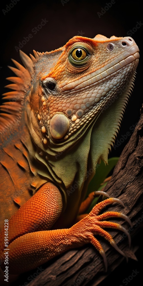Poster close-up of an orange iguana's face on a branch. generative ai