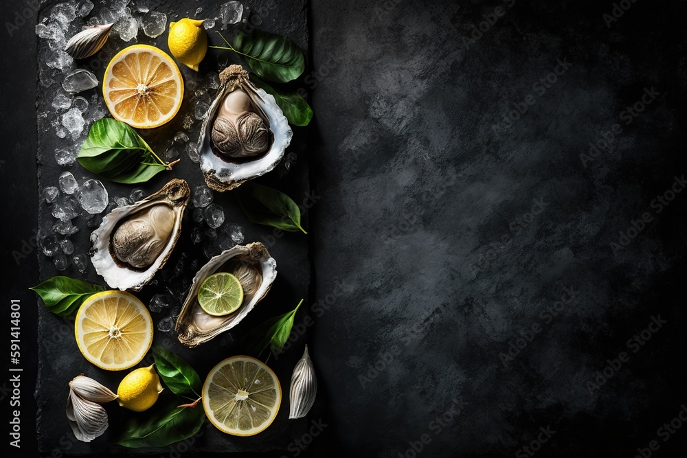 Poster free copy space shown over top view of oysters with ice and lemon on a black stone backdrop. generat