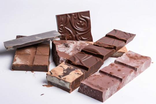 Delicious chocolate bars scattered on the table, white background. Generative ai