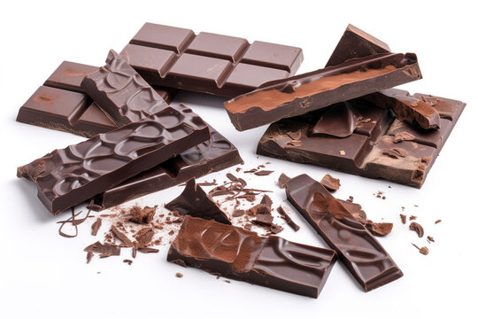 Delicious chocolate bars scattered on the table, white background. Generative ai