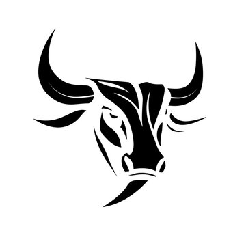 Bull head logo design. Abstract drawing bull face. Black icon of bull with horns. Vector illustration