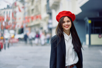 Happiness woman jumps and runs, follow me walks walks in the city against the backdrop of office buildings, stylish fashionable vintage clothes and make-up, spring walk, travel.