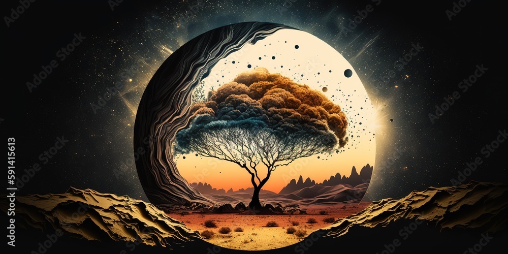 Poster landscape trees in an abstract space setting generative ai