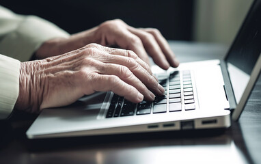 Senior older hands using laptop. Generative AI