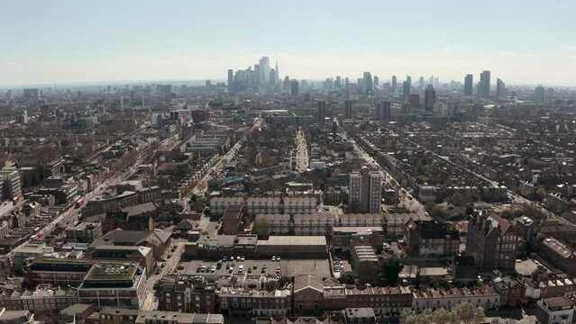 Aerial shot towards city of London skyscrapers from Dalston