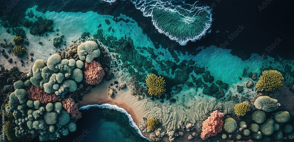 Poster amazing water patterns and waves are captured in this aerial view of coral reefs off the shore. gene