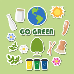 Eco stickers with lettering Go Green. Poster, card, label, and banner design ecology theme. Vector illustration