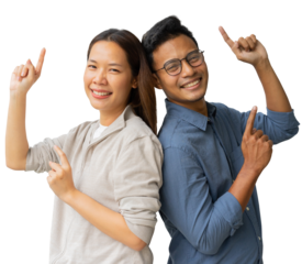 close up couple of asian man and woman gesturing hand point on transparent background for content banner and png design concept