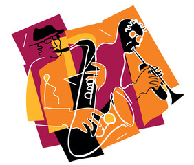 Two jazzmen, Jazz theme, trumpet player and saxophonist. 
Expressive Illustration of two jazz musicians, continuous line drawing design. Isolated on white background. Vector available.