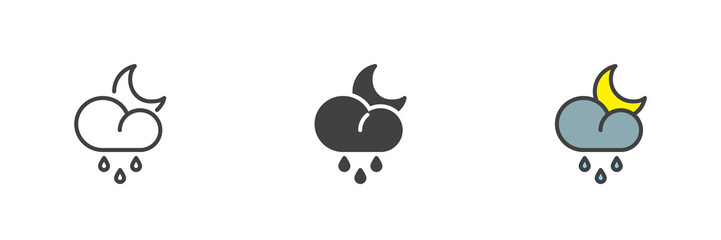 Rain cloud and moon different style icon set