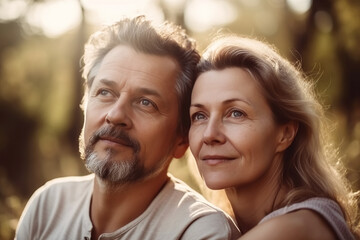 middle-aged couple in love cuddle in summer in nature in park. Generative AI
